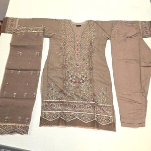 Embroidered Tan Traditional Desi Outfit 3 Piece Straight Suit Size Large